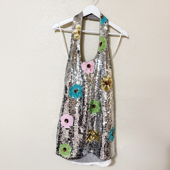 Lovers & Friends Mia Embellished Mini Dress in Silver Sequin Floral size medium - Picture 6 of 14